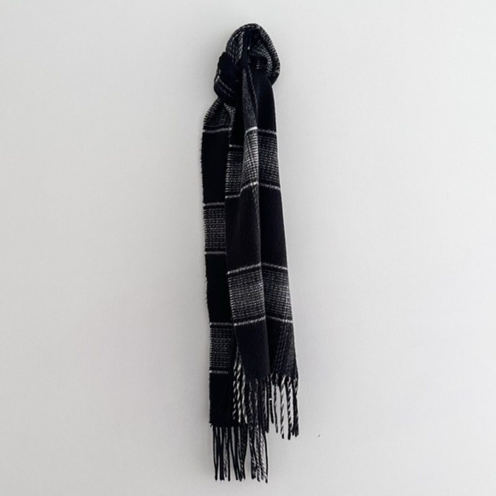 Vintage Plaid Fringe Scarf Black Charcoal And Ivory Made In Germany